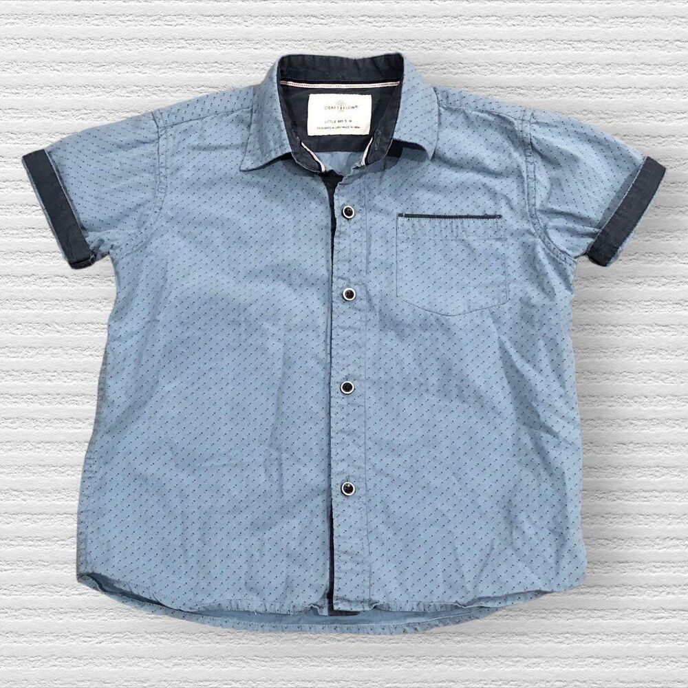 Craft + Flow 5 Blue Burgundy Swiss Dot Short Sleeve Collared Button Down